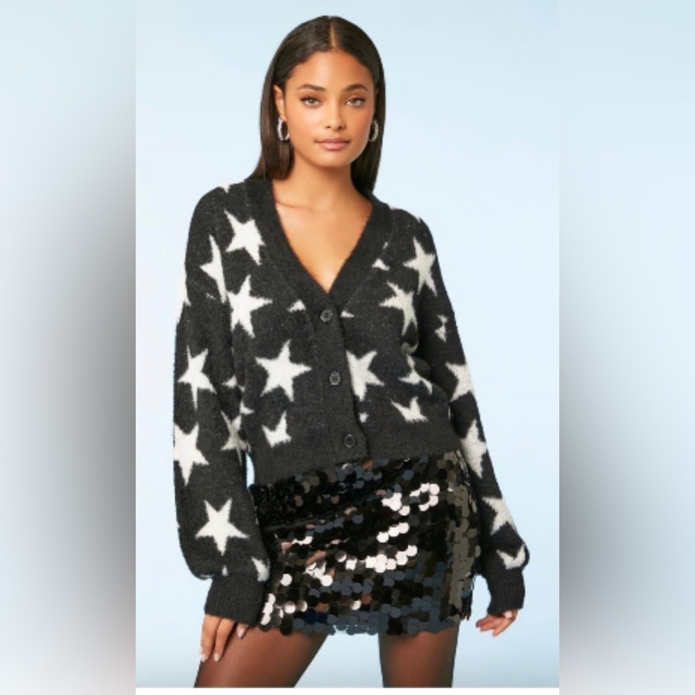 Forever 21 Black and White Star Fuzzy Button Up Cardigan